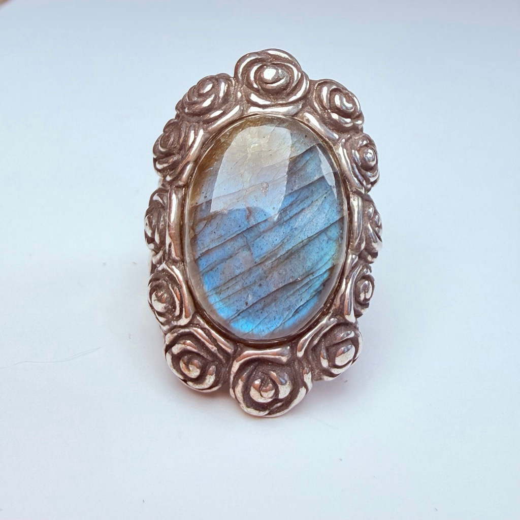 Didae Israel 10 Ct Madagascar Labradorite Rosette Sterling Silver 925 Vtg Ring
